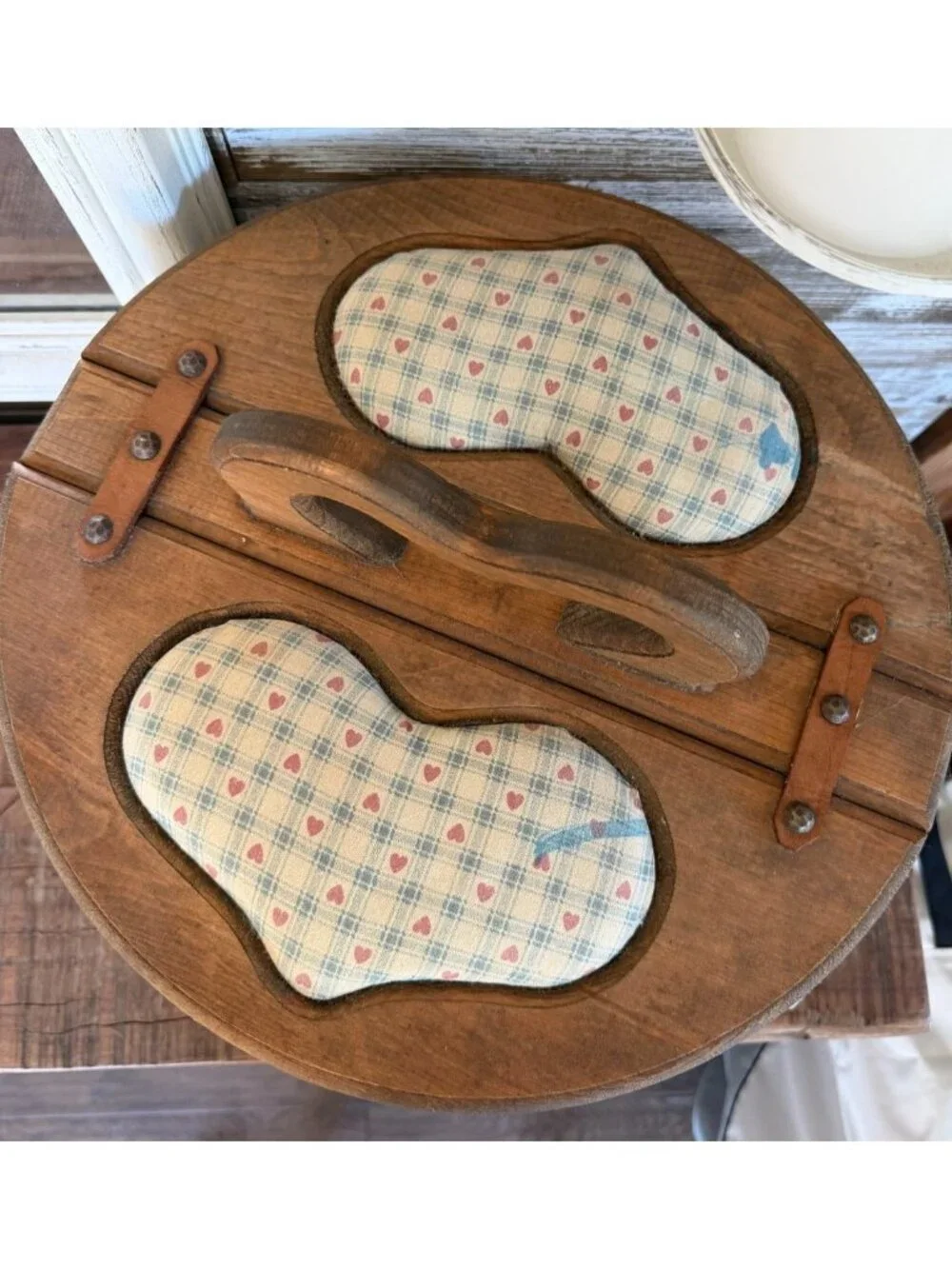 Vintage Grandmacore Bushel Basket Split Wood Lid Lined Plaid Hearts Sewing Yarn